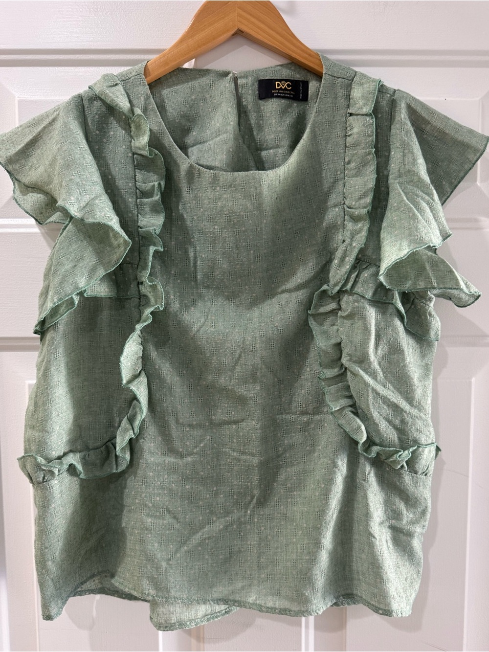 DVC ruffled blouse lightweight Size 34 (EUR Med) green polka dot airy gauze